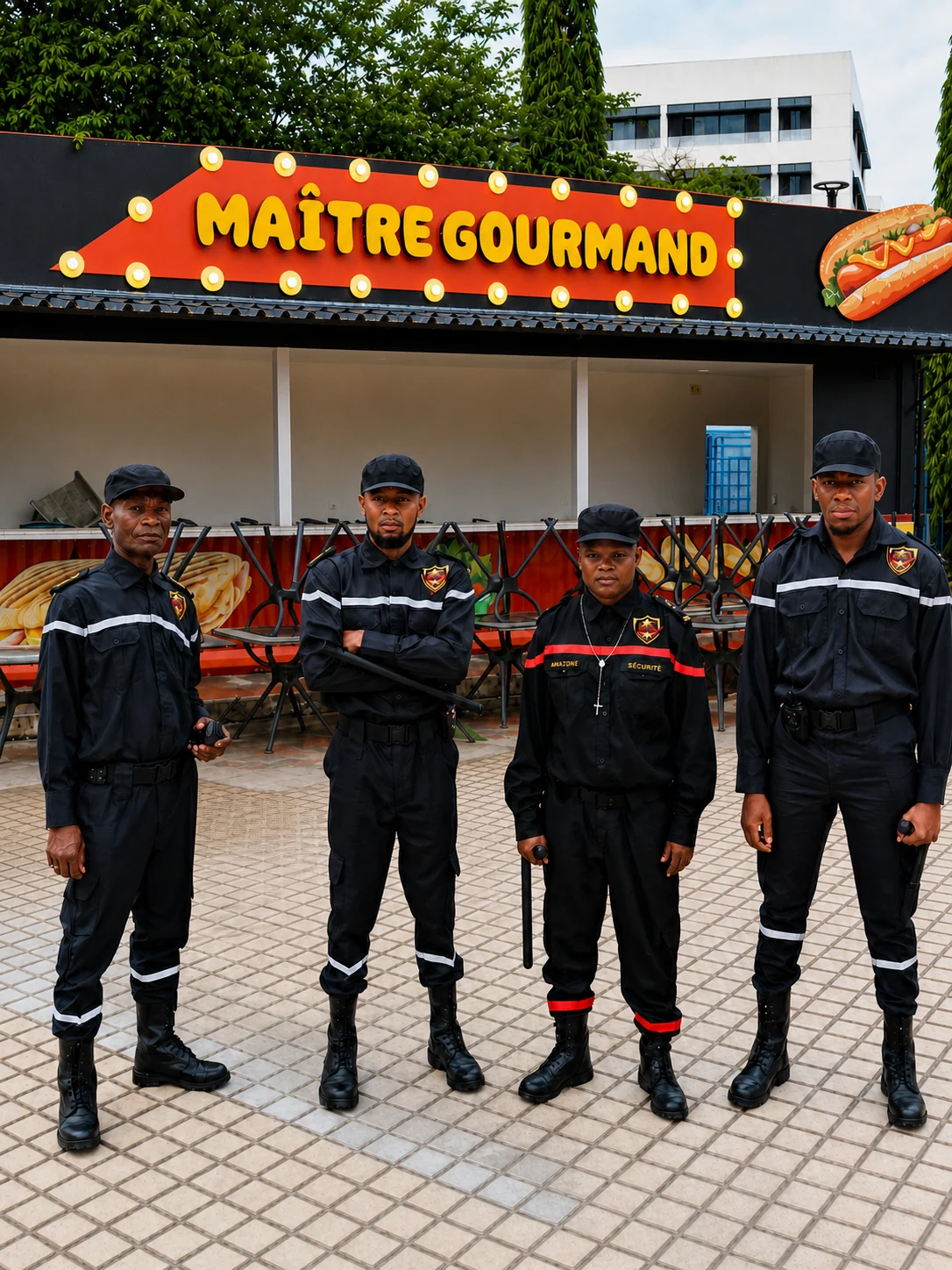 Visible presence of four AMAZONE security officers on a commercial site