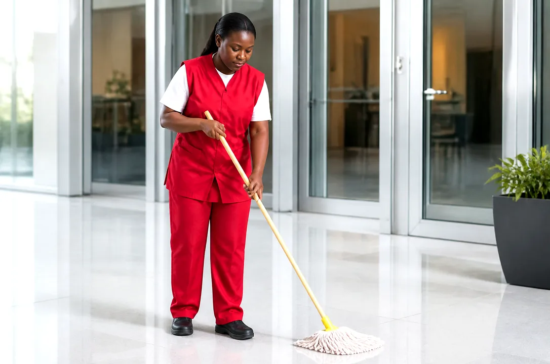 Officer in a red uniform maintaining a building entrance and common areas