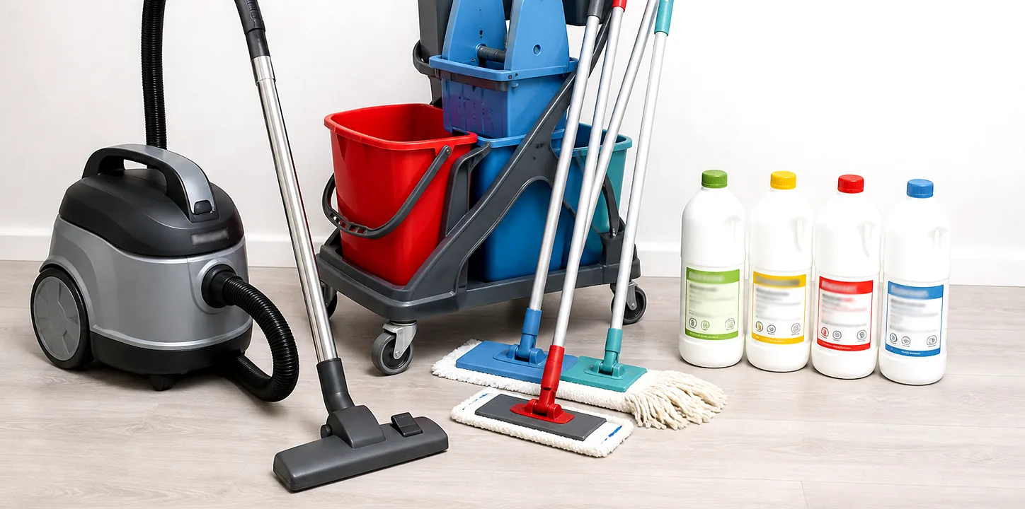 Professional cleaning equipment: vacuum, trolley, mops and consumables