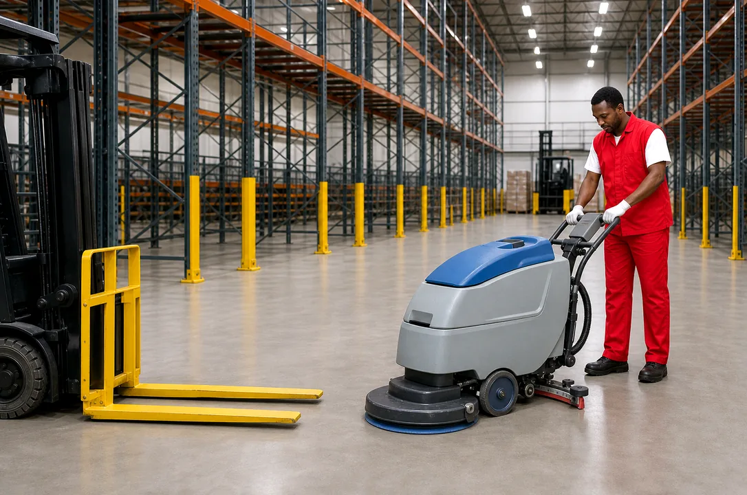 Red-uniformed officer guiding an industrial floor scrubber in a warehouse