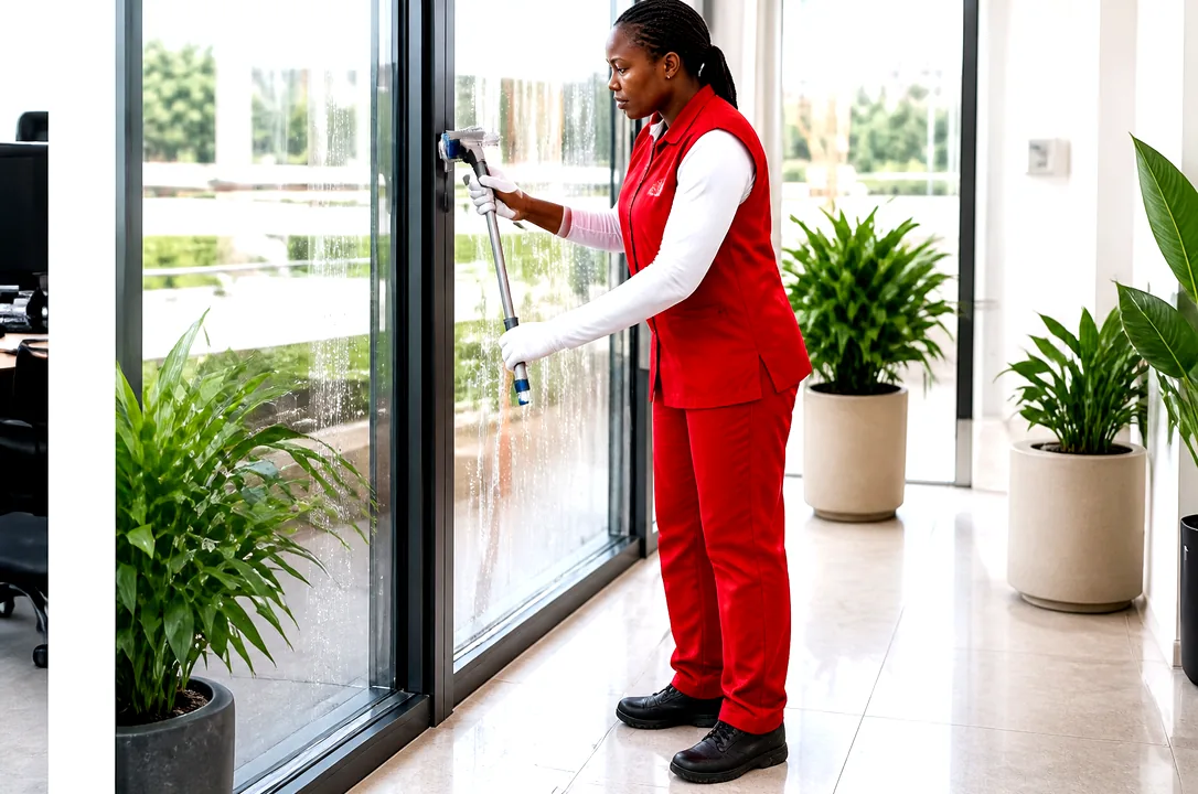 AMAZONE officer cleaning a large glass surface before a premises handover