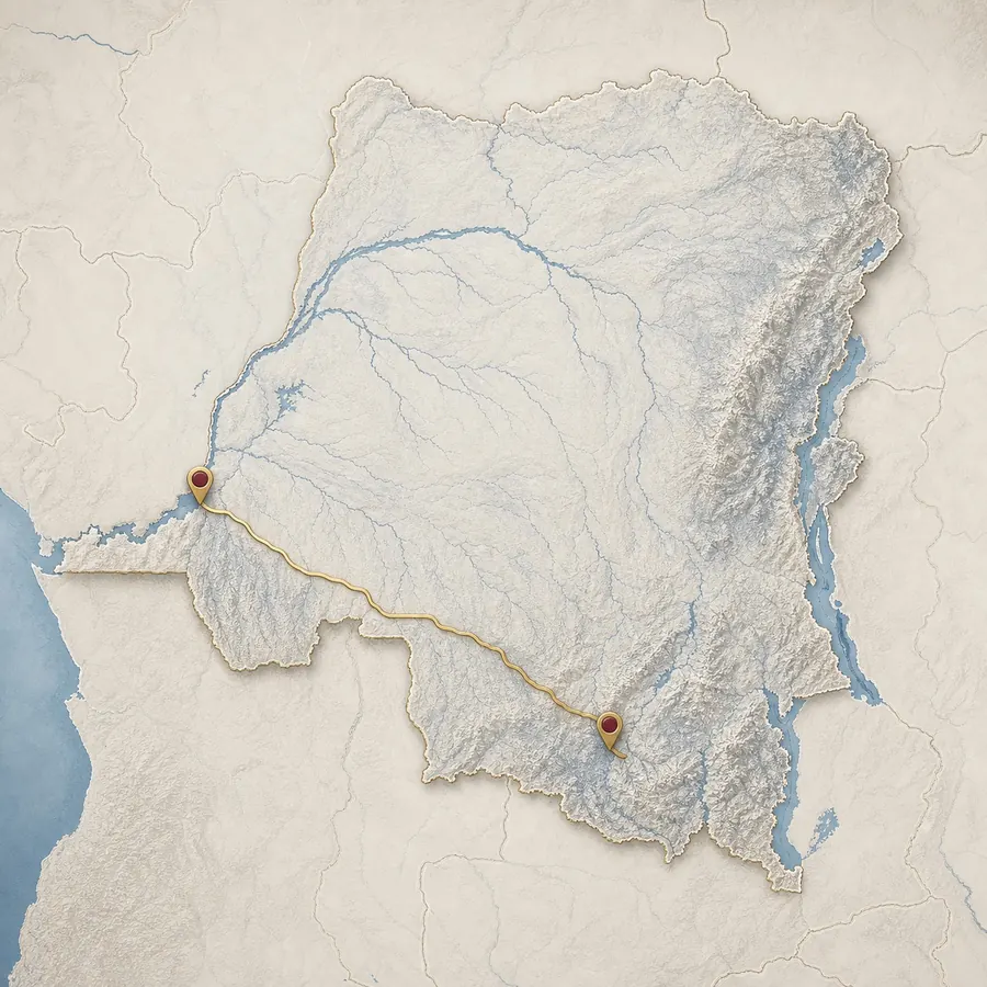 Professional map of the Democratic Republic of the Congo linking Kinshasa and Kolwezi
