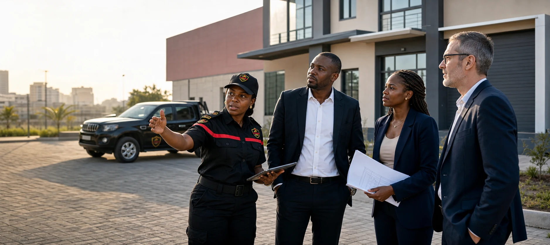 security officer AMAZONE presenting a site to a delegation of investors and professionals