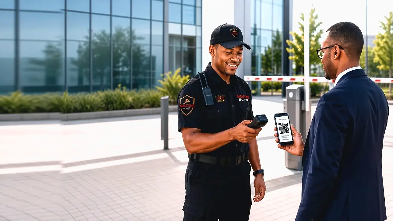 AMAZONE officer scanning a visitor invitation QR code at a site entrance