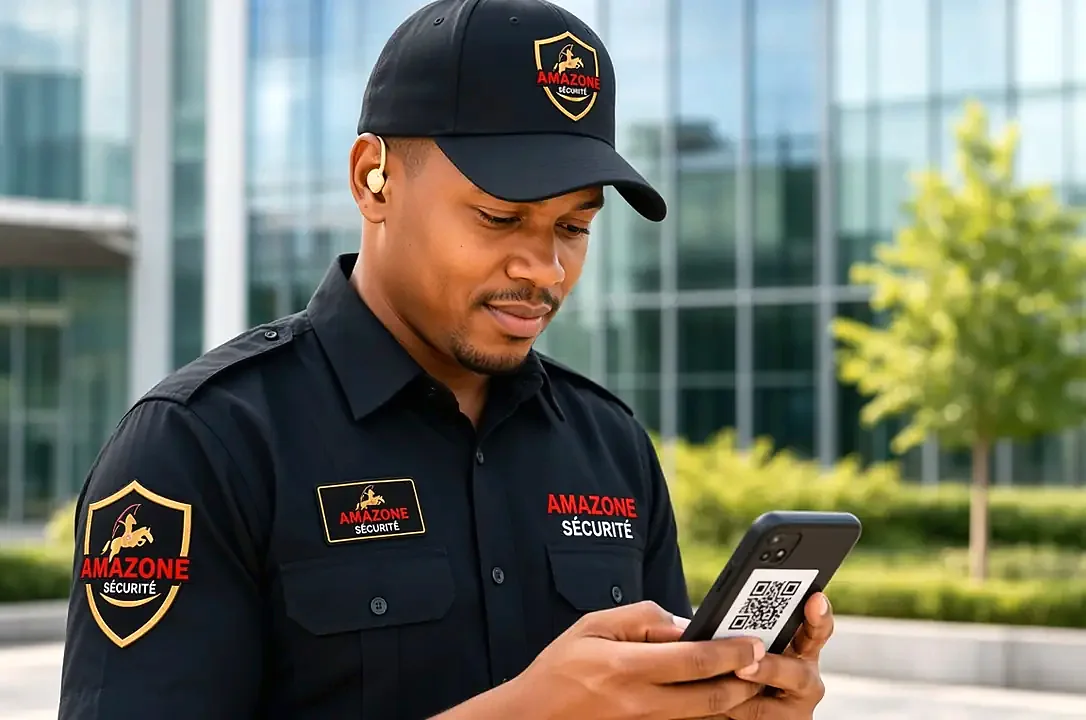 AMAZONE officer checking an access QR code on a phone at the site entrance