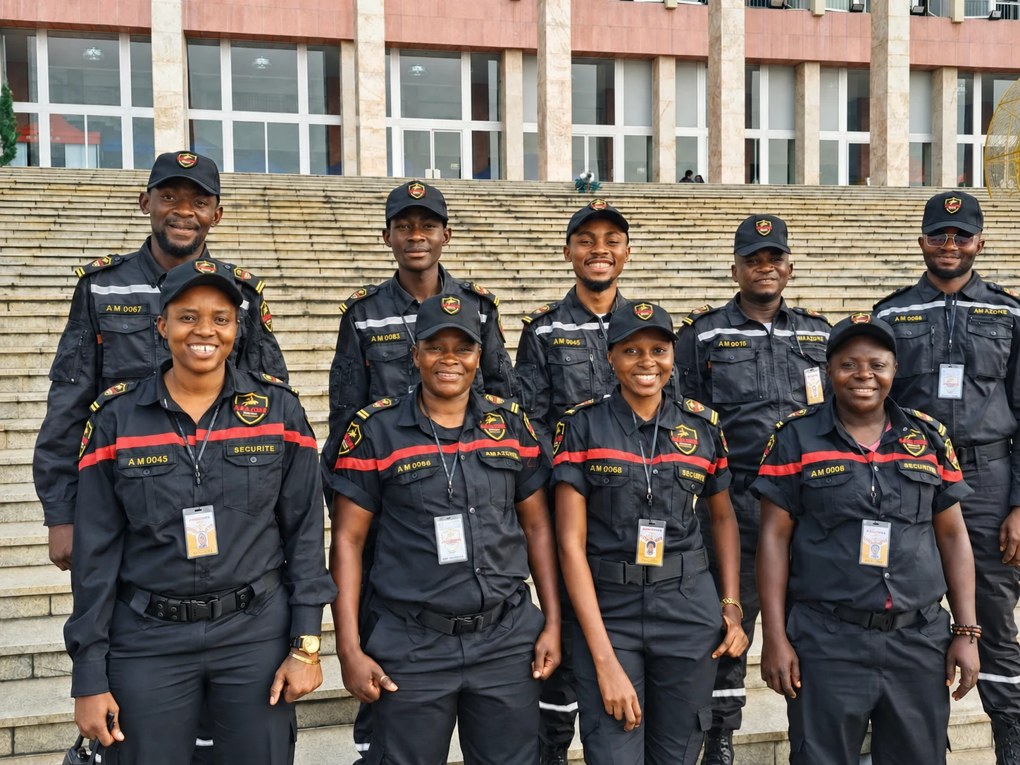AMAZONE joint team in operational uniform in front of an institutional site